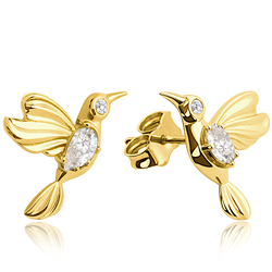 MINET Zlaté náušnice kolibříci s bílými zirkony Au 585/1000